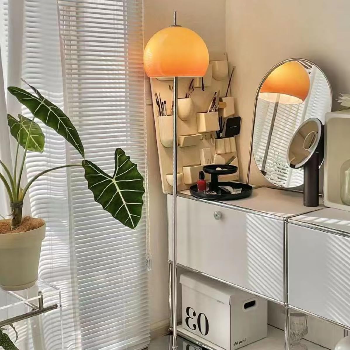 Contemporary Floor Lamp Orange Glass Bauhaus Standing Lamp Mushroom Dome Shaped Art Deco Lamp Tall Mid-Century Modern Lamps for Living Room Bedroom - Silver Base