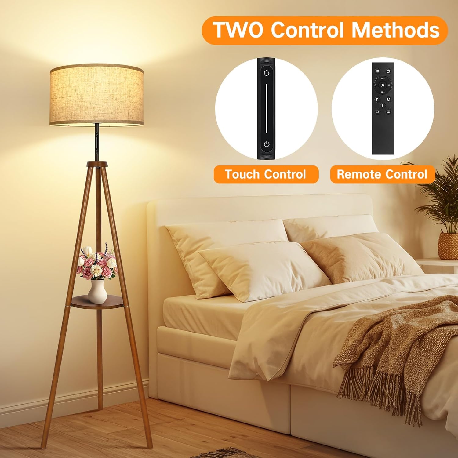 OUTON Solid Wooden Tripod Floor Lamp, Touch Control, Standing Lamp with Remote Control, Dimmable & 4 Color Temperatures, 1H Timer, LED Floor Lamp with Storage Shelf Linen Shade for Living Room Bedroom