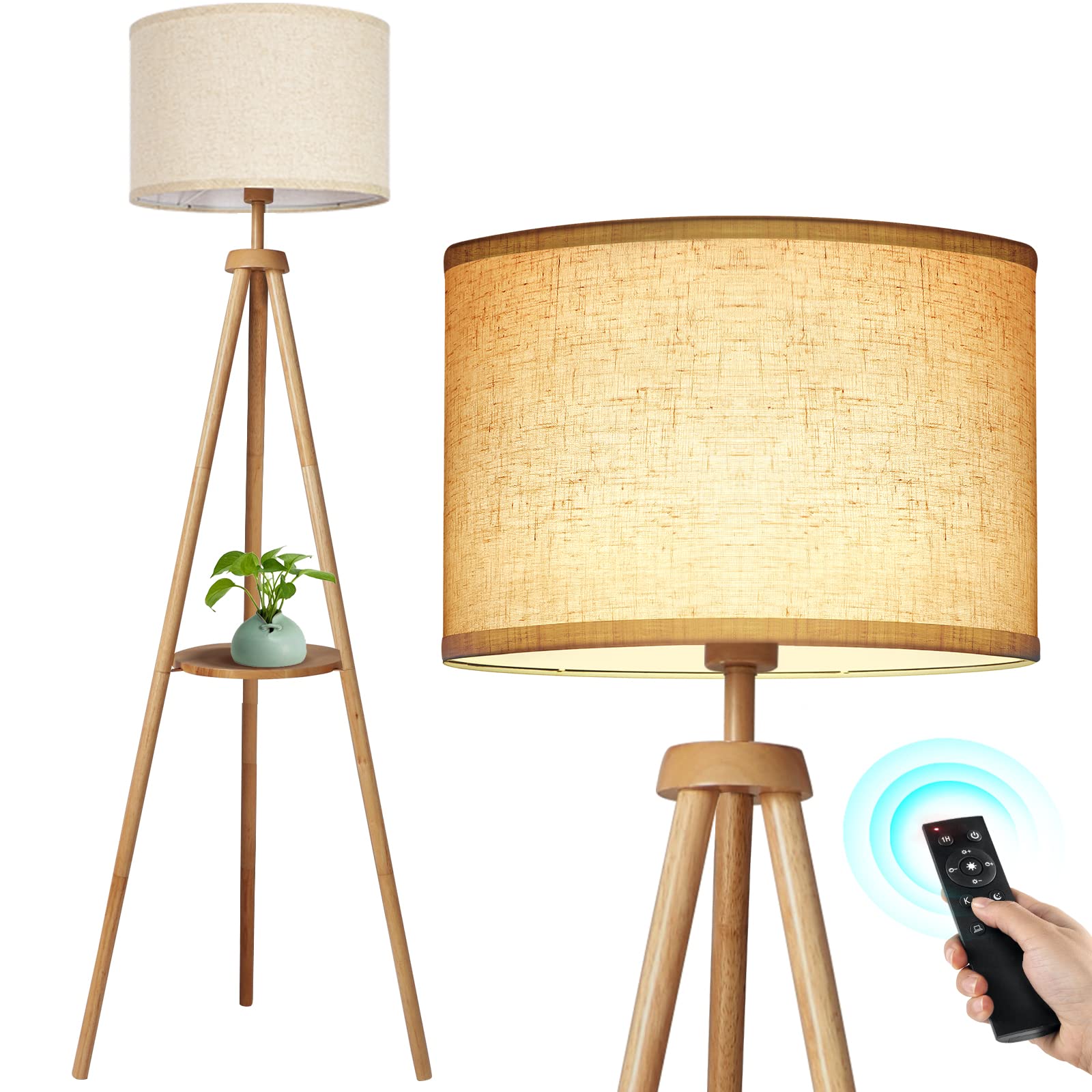OUTON Solid Wooden Tripod Floor Lamp, Touch Control, Standing Lamp with Remote Control, Dimmable & 4 Color Temperatures, 1H Timer, LED Floor Lamp with Storage Shelf Linen Shade for Living Room Bedroom