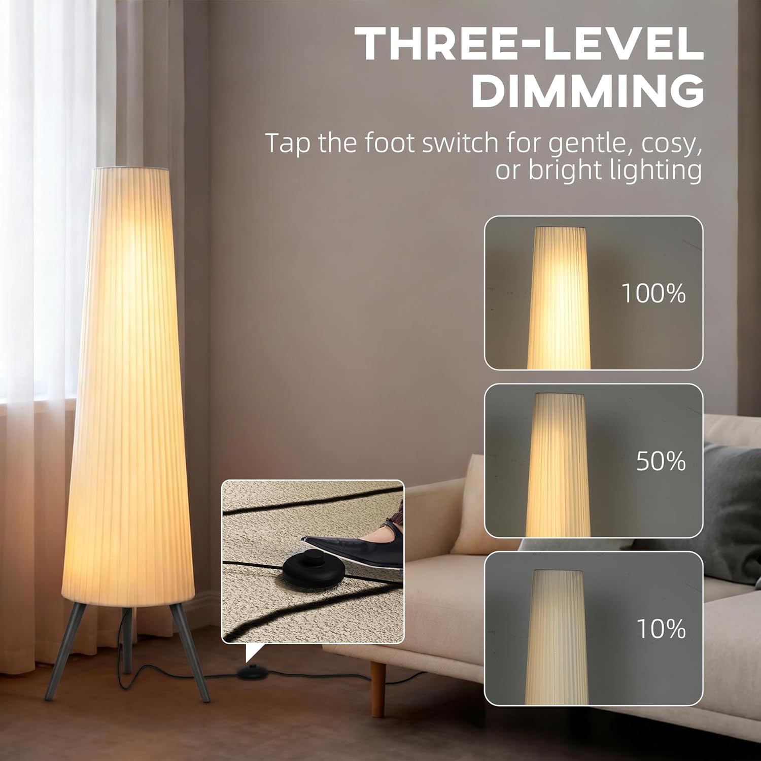 HOMCOM Dimmable Tripod Floor Lamp with Foot Switch, Nordic Standing Lamp with Fabric Shade for Living Room, Bedroom, Office, 153cm, White and Grey