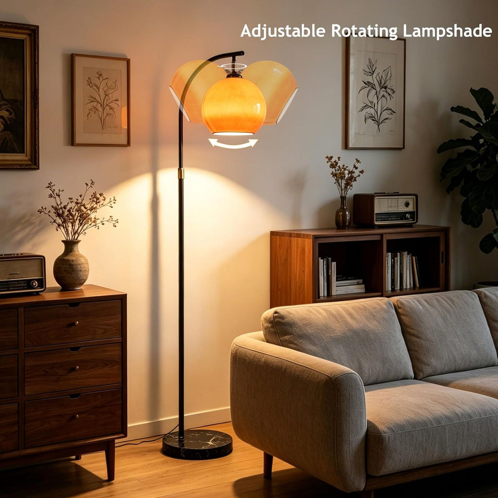 Nordic Orange Glass Floor Lamp Arc Height Adjustable Floor Light Marble Base Tall Lamp with Globe Glass E26 Dimmable Standing Fixtures for Living Room Sofa Area Study Bedroom