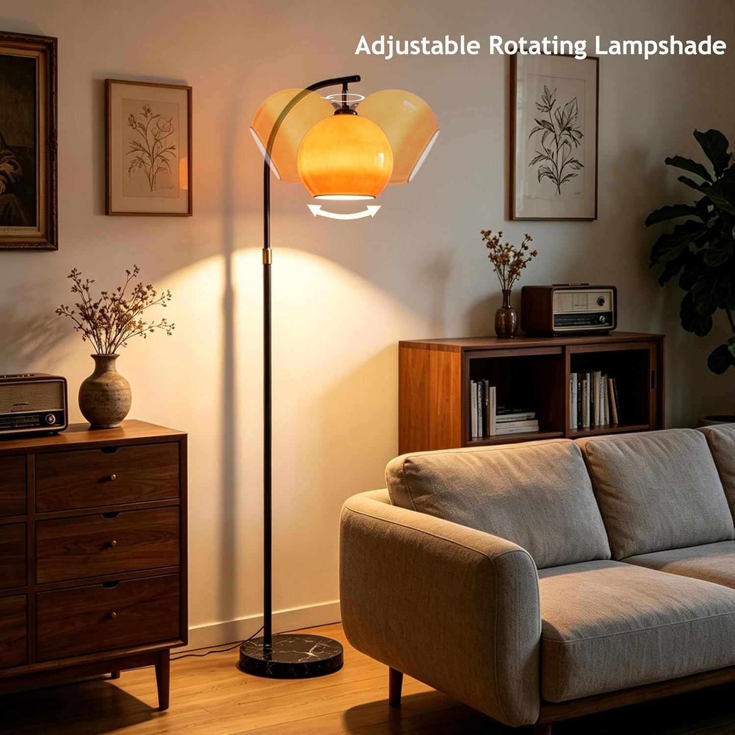 Nordic Orange Glass Floor Lamp Arc Height Adjustable Floor Light Marble Base Tall Lamp with Globe Glass E26 Dimmable Standing Fixtures for Living Room Sofa Area Study Bedroom