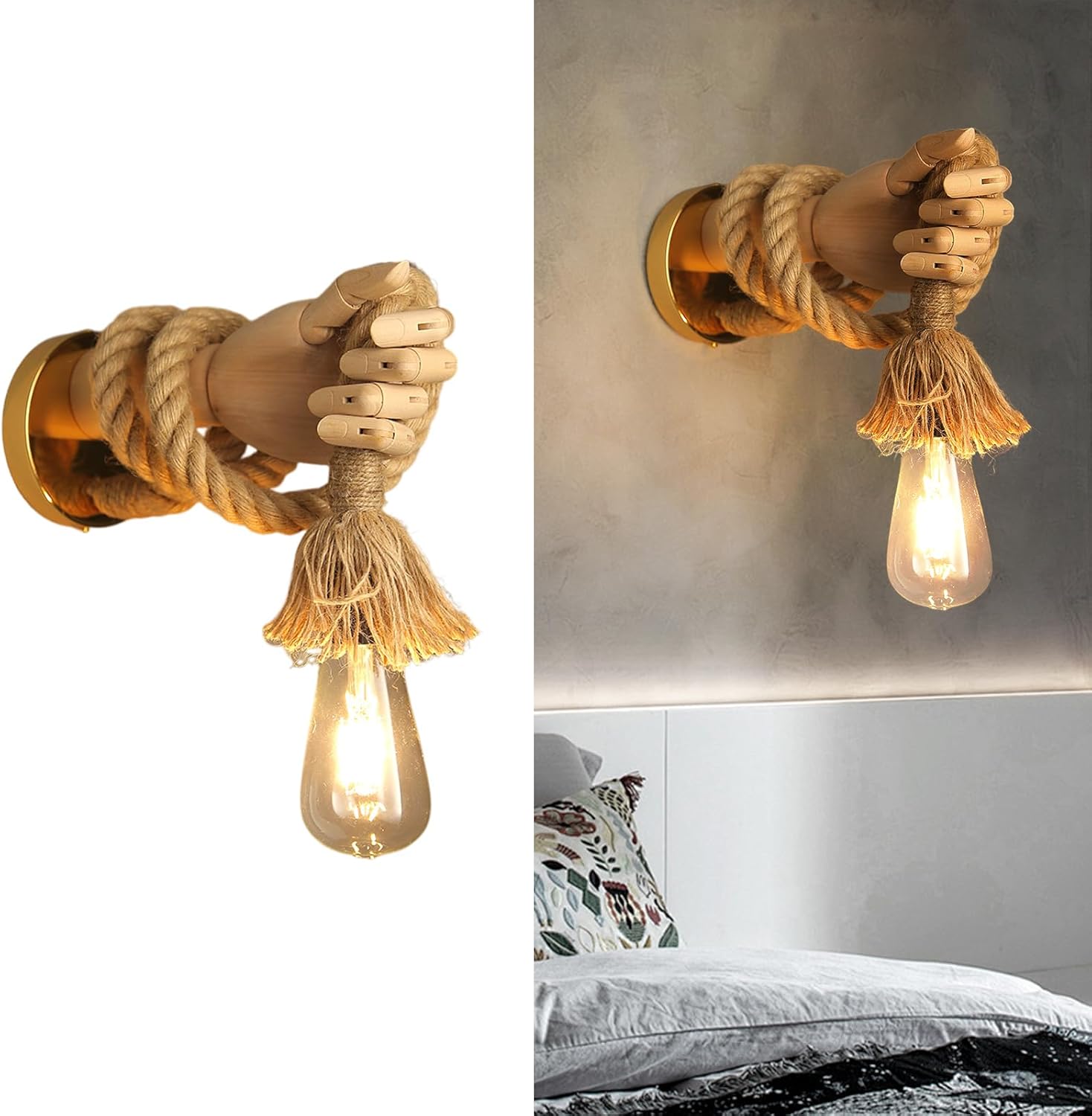 Wooden Hand Shape Wall Light, E27 Rustic Rope Lighting Fixtures, Unique Art Decor Wall Lamp for Bedroom, Restaurant, Living Room, Hallway (Left Hand)