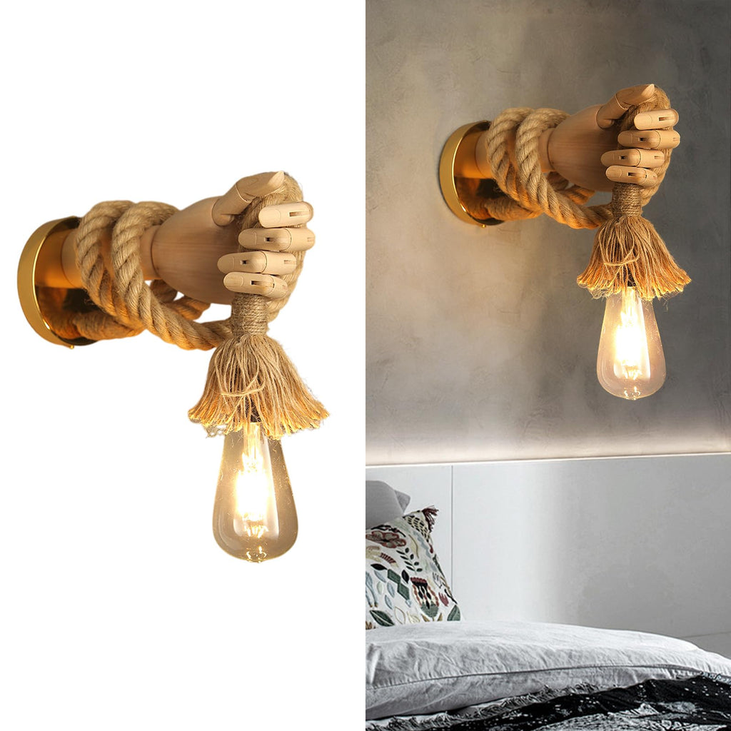 Wooden Hand Shape Wall Light, E27 Rustic Rope Lighting Fixtures, Unique Art Decor Wall Lamp for Bedroom, Restaurant, Living Room, Hallway (Left Hand)