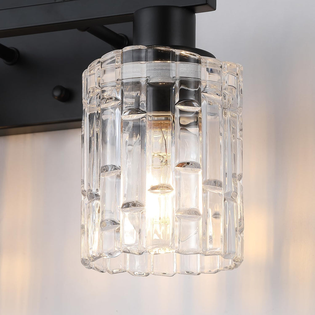 2-Light Matte Black Bathroom Vanity Light, Crystal Glass Shade Wall Lamp with E26 Base