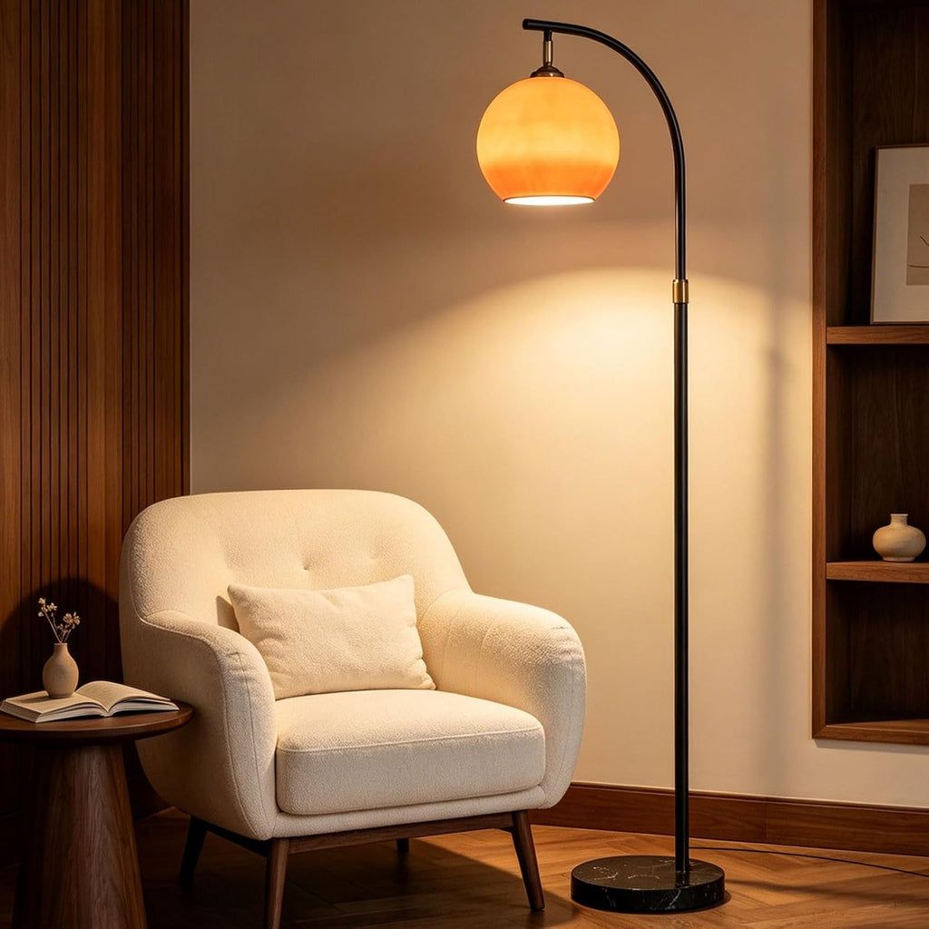 Nordic Orange Glass Floor Lamp Arc Height Adjustable Floor Light Marble Base Tall Lamp with Globe Glass E26 Dimmable Standing Fixtures for Living Room Sofa Area Study Bedroom