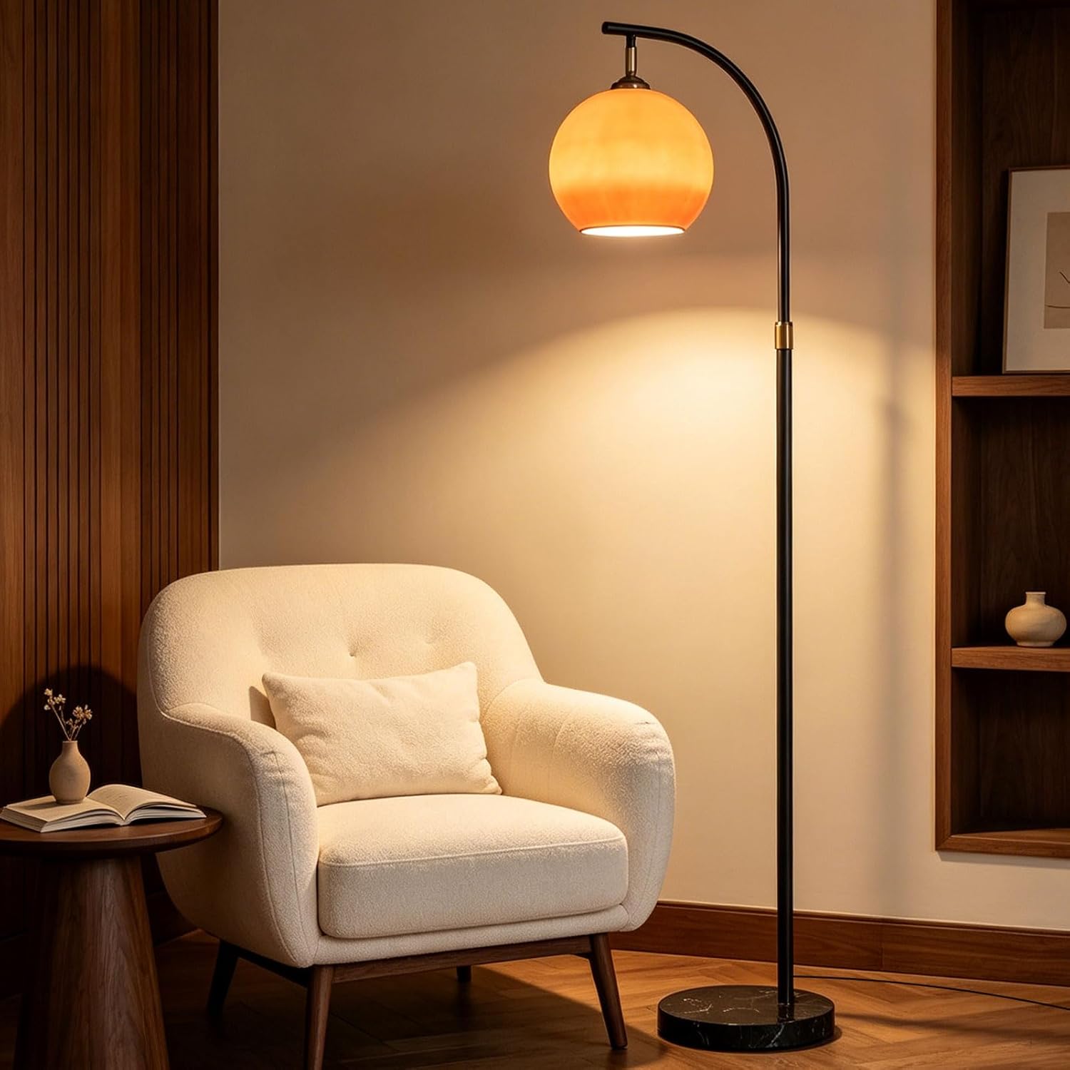 Nordic Orange Glass Floor Lamp Arc Height Adjustable Floor Light Marble Base Tall Lamp with Globe Glass E26 Dimmable Standing Fixtures for Living Room Sofa Area Study Bedroom