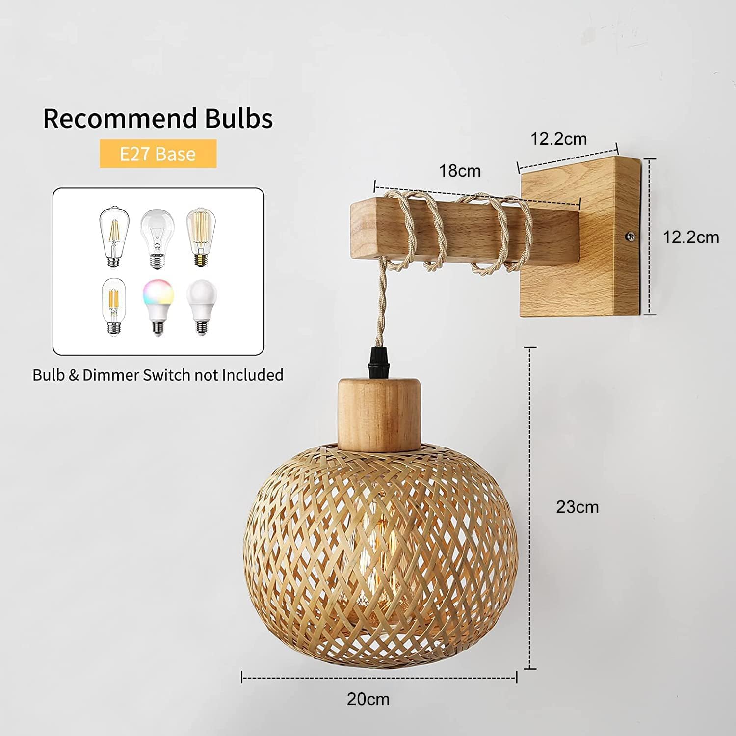 Retro Indoor Wall Lamp, E27 Vintage Wooden Wall Light with Rattan Lampshade, Cage Wall Sconce Lighting for Living Room, Bedroom, Corridor, Dining Room, Max 60W (Without Light Bulb)