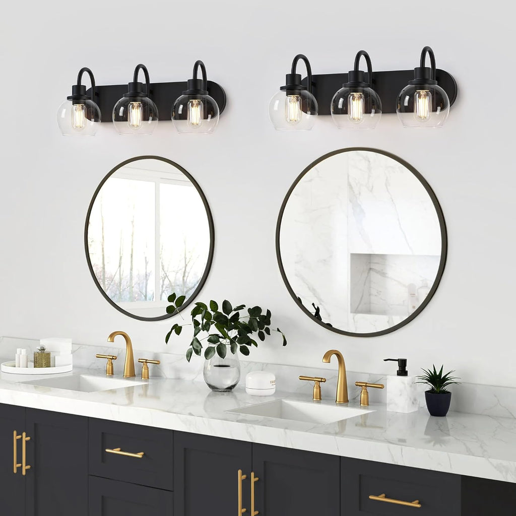 Dpyrrhic Bathroom Vanity Light,Modern 3-Light Bathroom Lighting Fixtures Over Mirror with Clear Glass Shade and Metal Base,Matte Black Bathroom Lighting