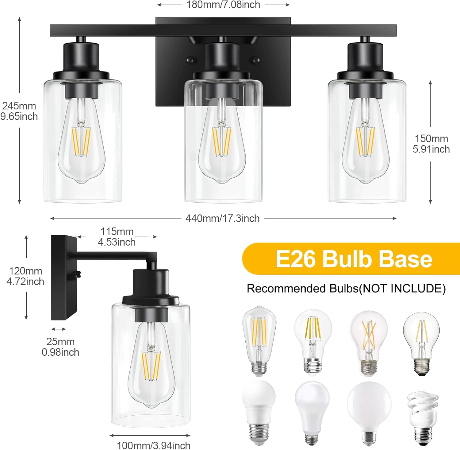3-Light Vanity Light, Matte Black Bathroom Lighting Fixtures Over Mirror, Modern Metal Wall Lights for Hallway Kitchen Bedroom Living Room