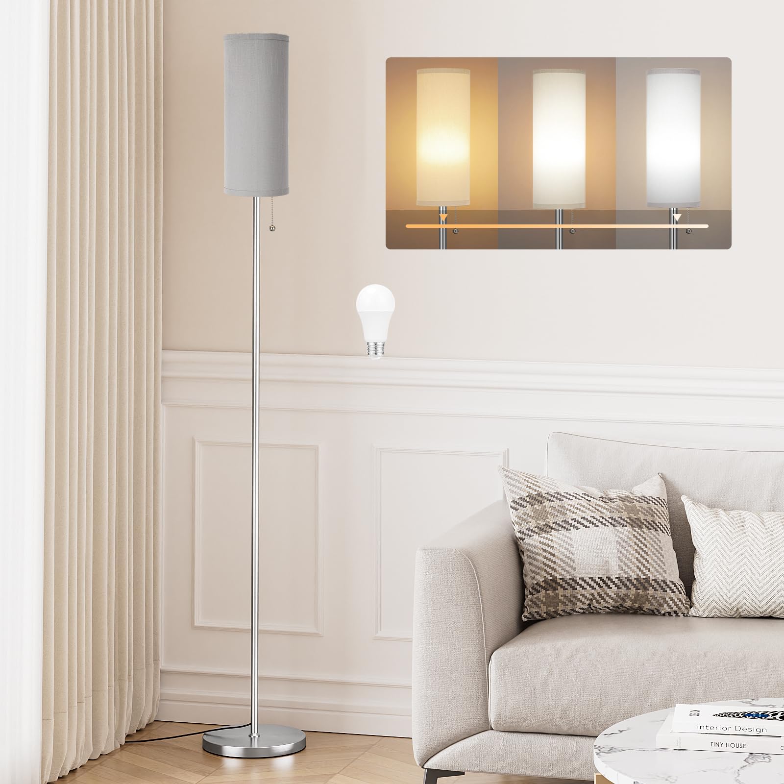Aooshine Beige Floor Lamp for Living Room, 64" Standing lamp for Bedroom, Beige Shade & Brown Pole(Bulb Included)