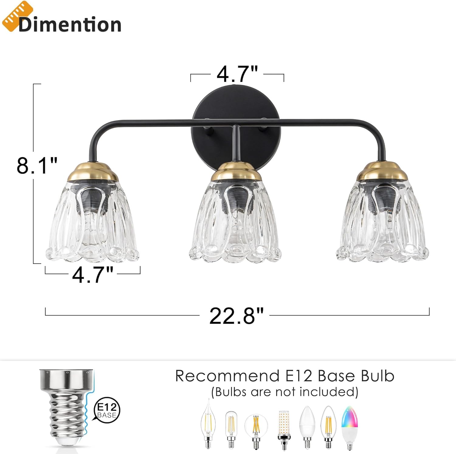 3-Light Black and Gold Vanity Light with Glass Shades, E12 Base Bathroom Wall Lighting Fixture, Up/Down Mountable Modern Wall Sconce for Bathroom Mirror Bedroom Hallway
