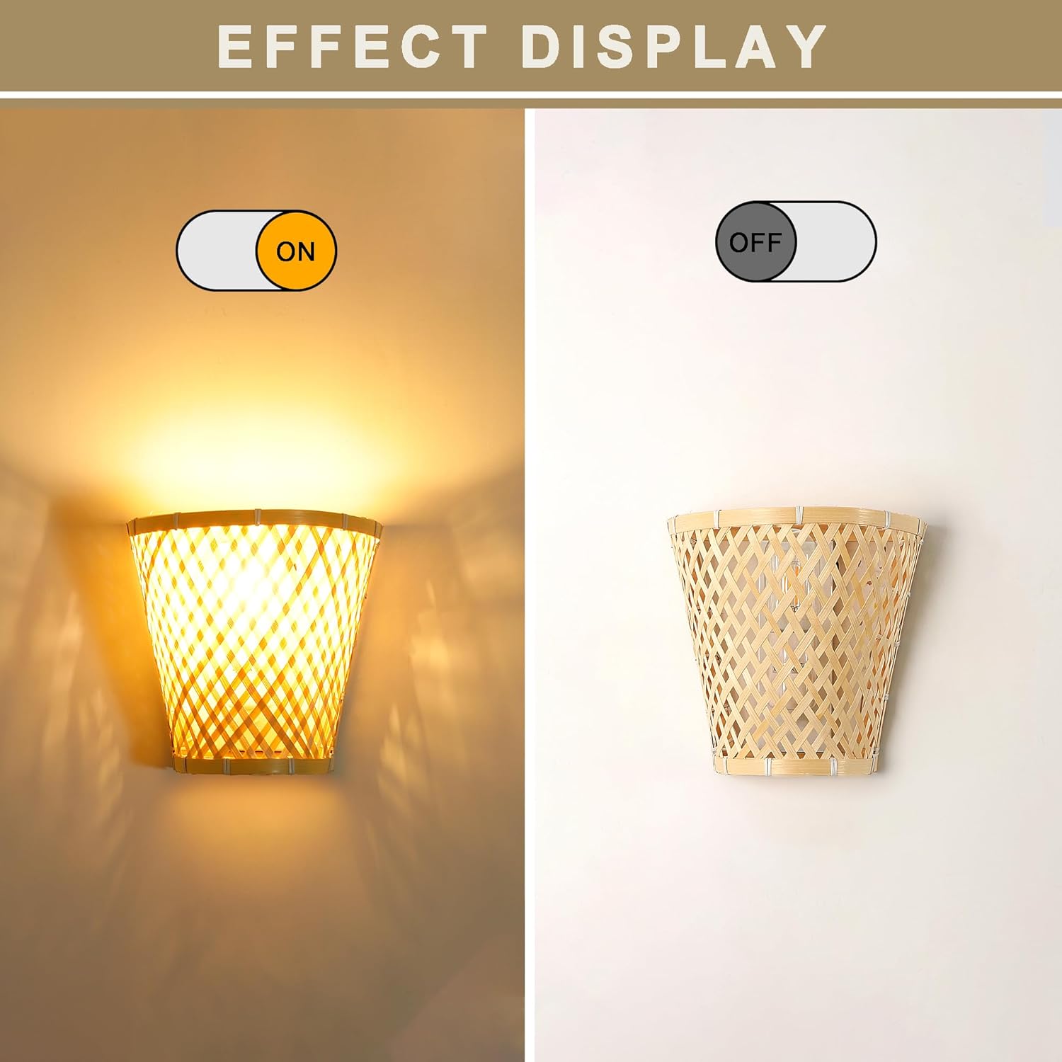 Boho Bamboo Wall Lamp, Handmade Basket Shape Vintage Sconce E27 for Living Room Bedroom Dining Room