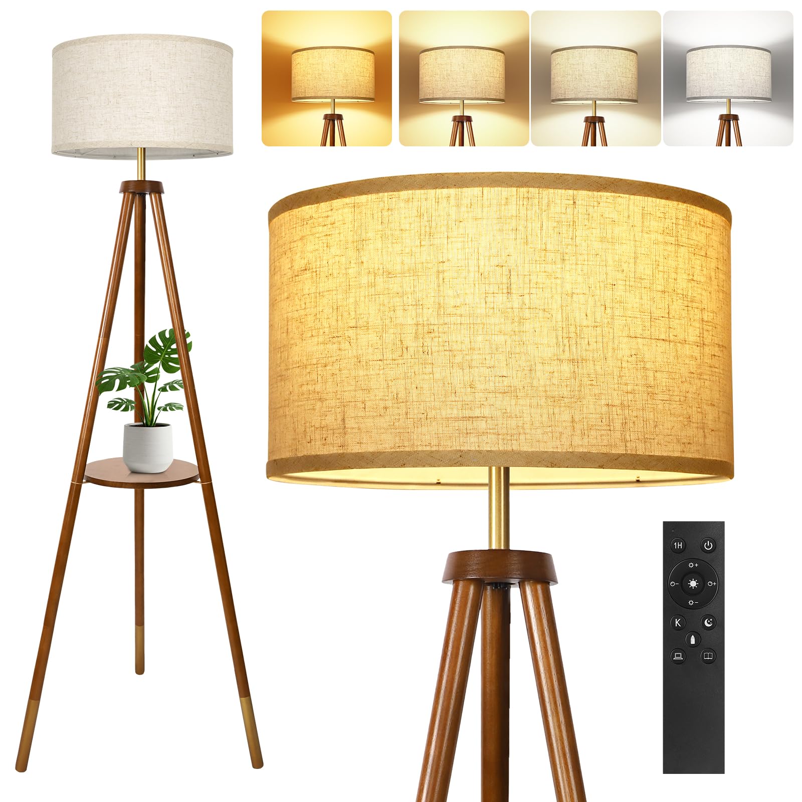 OUTON Solid Wooden Tripod Floor Lamp, Touch Control, Standing Lamp with Remote Control, Dimmable & 4 Color Temperatures, 1H Timer, LED Floor Lamp with Storage Shelf Linen Shade for Living Room Bedroom
