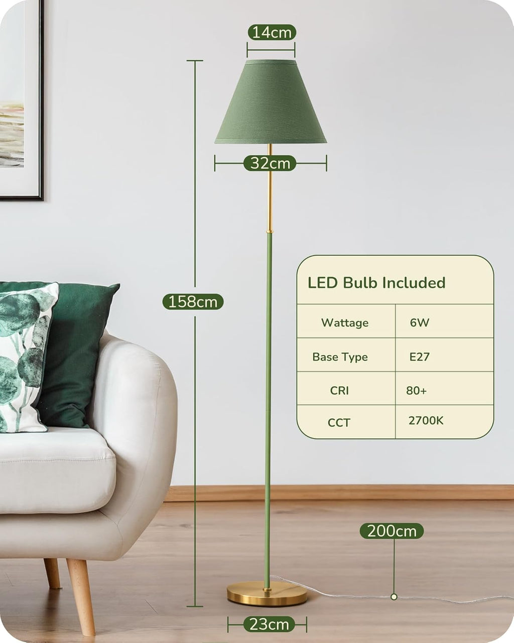 EDISHINE Retro Floor Lamp for Living Room, Tall LED Standing Lamp with Linen Lampshade, E27 Base, Foot Switch, 2700K Bulb Included, Gray Green