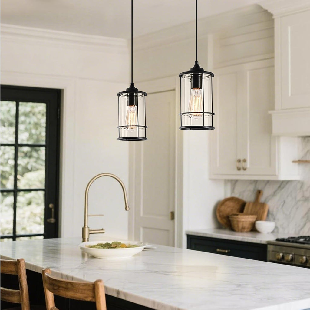 AKEZON Pendant Lights, Black Hanging Light Fixtures Kitchen Island 2 Pack with Clear Glass, Modern Industrial Cage Pendant Lighting for Kitchen Dining Room Entryway Bathroom