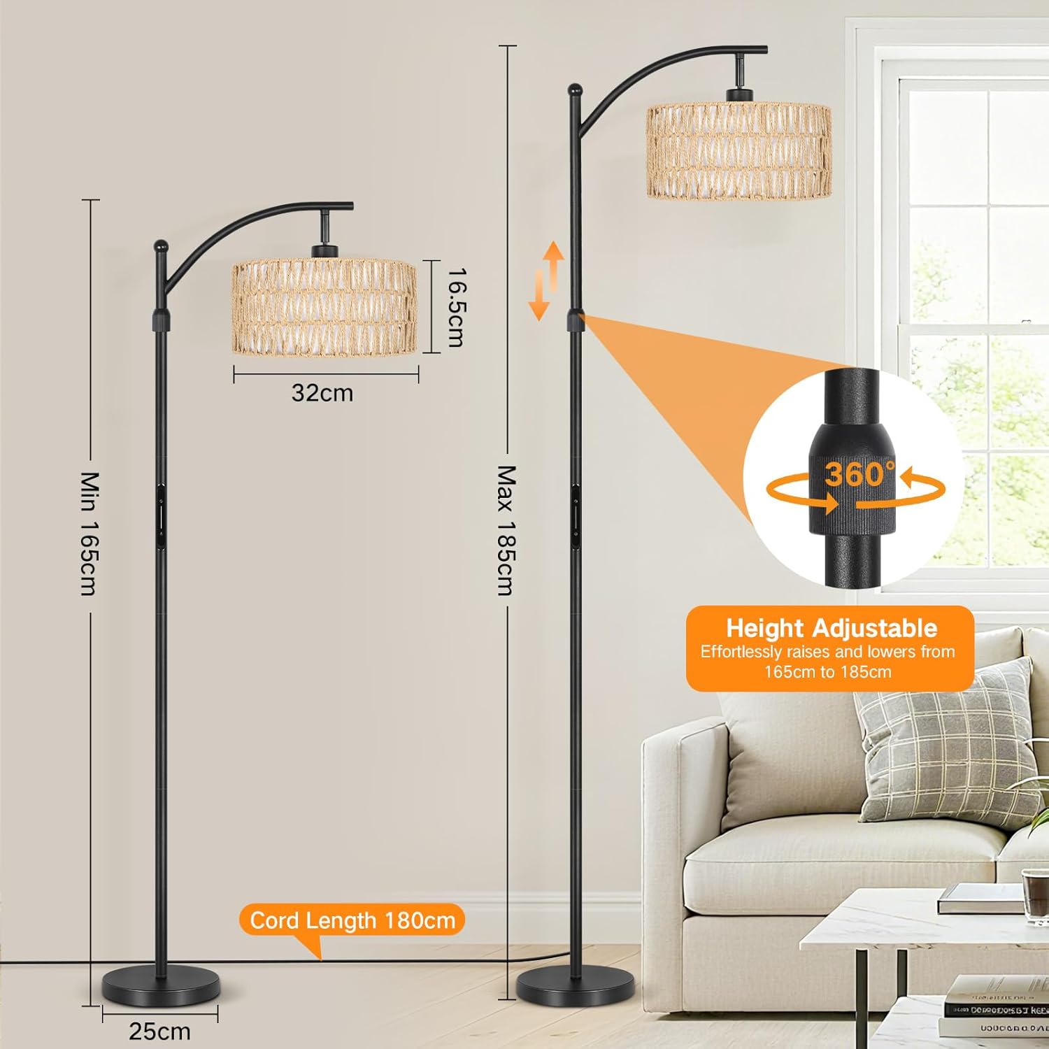OUTON Floor Lamp with Rattan & Linen Double Shades, 12W 1080LM, Height Adjustable, Touch Control & Remote & App Control, Dimmable & 3000K-6500K, LED Tall Boho Standing Lamp for Living Room, Bedroom
