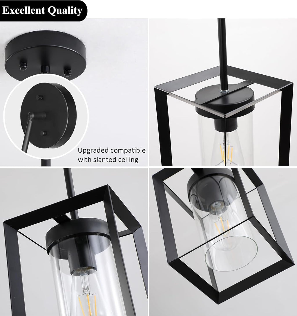 2 Pack Farmhouse Black Kitchen Island Pendant Light Fixtures,Height Adjustable Metal Rod Hanging Modern Pendant Lighting with Metal Cage and Clear Glass Shade for Entryway Bedroom