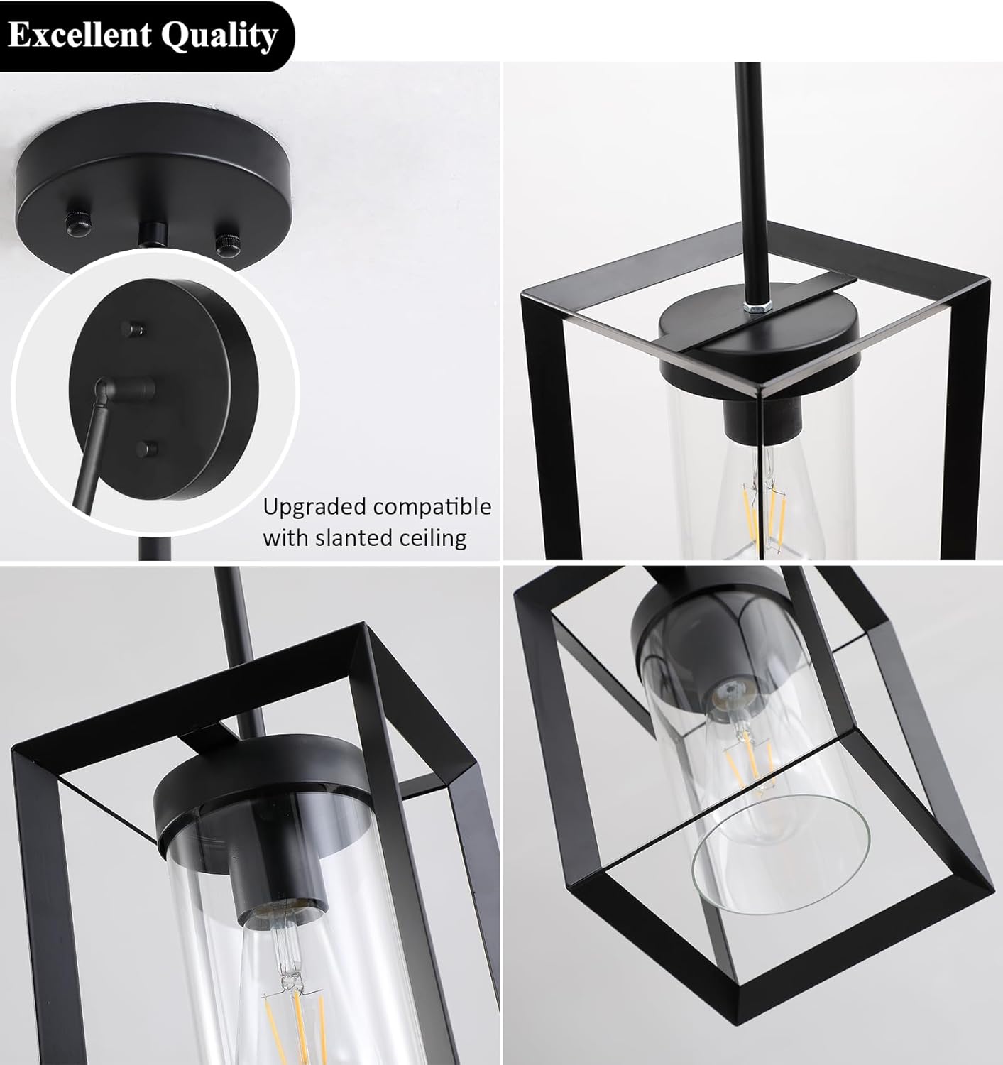 2 Pack Farmhouse Black Kitchen Island Pendant Light Fixtures,Height Adjustable Metal Rod Hanging Modern Pendant Lighting with Metal Cage and Clear Glass Shade for Entryway Bedroom