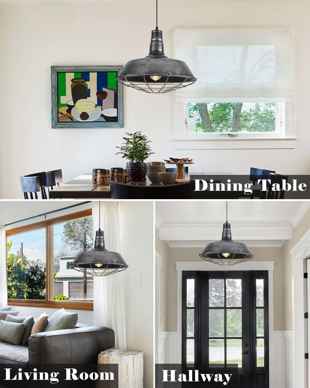 Large Pendant Lights Kitchen Island 1 Pack, 18.1 Inch Oversized Industrial Pendant Light, Black and Silver Barn Pendant Light with Wire Cage, Farmhouse Pendant Lights for Kitchen Barn