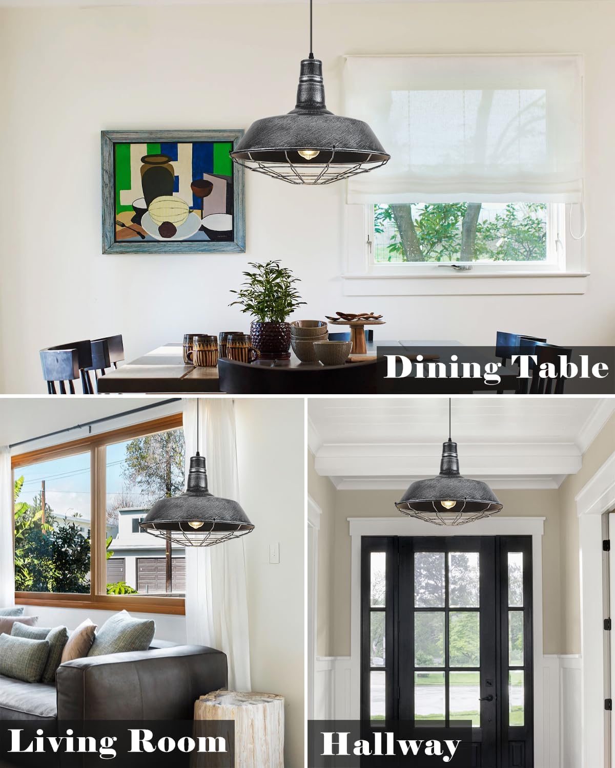 Large Pendant Lights Kitchen Island 1 Pack, 18.1 Inch Oversized Industrial Pendant Light, Black and Silver Barn Pendant Light with Wire Cage, Farmhouse Pendant Lights for Kitchen Barn