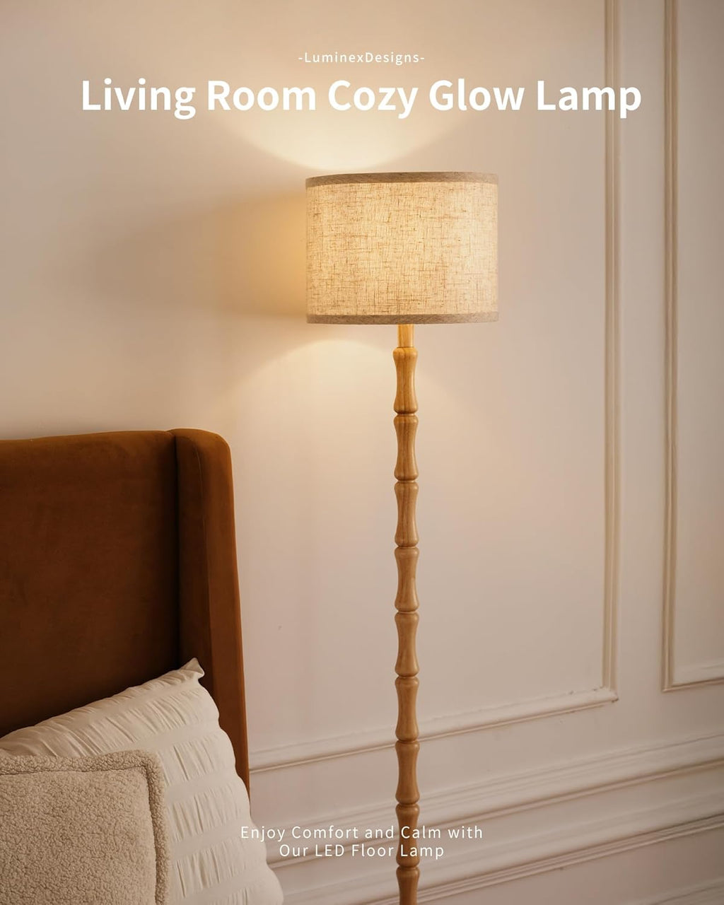 Wood Floor Lamp for Living Room, 167cm Tall Natural Oak Standing Lamp with Beige Linen Shade, E27 Socket, Vintage Boho Rustic Scandinavian, Bedroom and Lounge Corner Light WOVI FL09