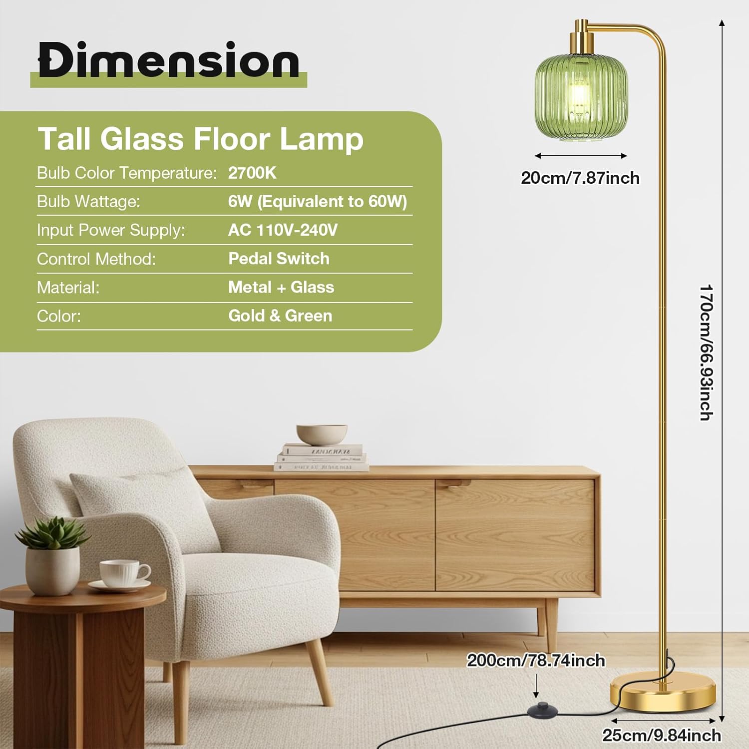 BTTO Floor Lamps for Living Room, Vintage Standing Lamp with Glass Lampshade, 170cm Gold Tall Lamps Standard Lamps with Foot Switch for Bedroom, Living Room, Office, E27 Sockets (Bulb Included)