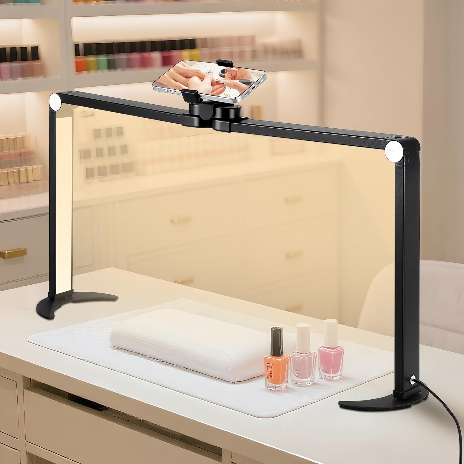 35W Half Moon Lamp 26inch Square Nail Desk Lamp with Phone Holder, Foldable LED Nail Table Light 3000K-6000K Dimmable for Nail Tech, Lash Eyelash Extension, Tattoo, Eyebrows, Black