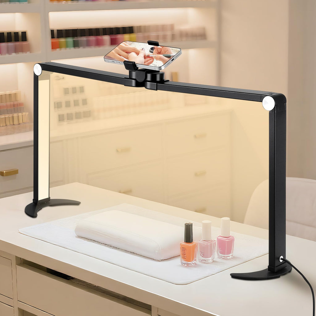 35W Half Moon Lamp 26inch Square Nail Desk Lamp with Phone Holder, Foldable LED Nail Table Light 3000K-6000K Dimmable for Nail Tech, Lash Eyelash Extension, Tattoo, Eyebrows, Black