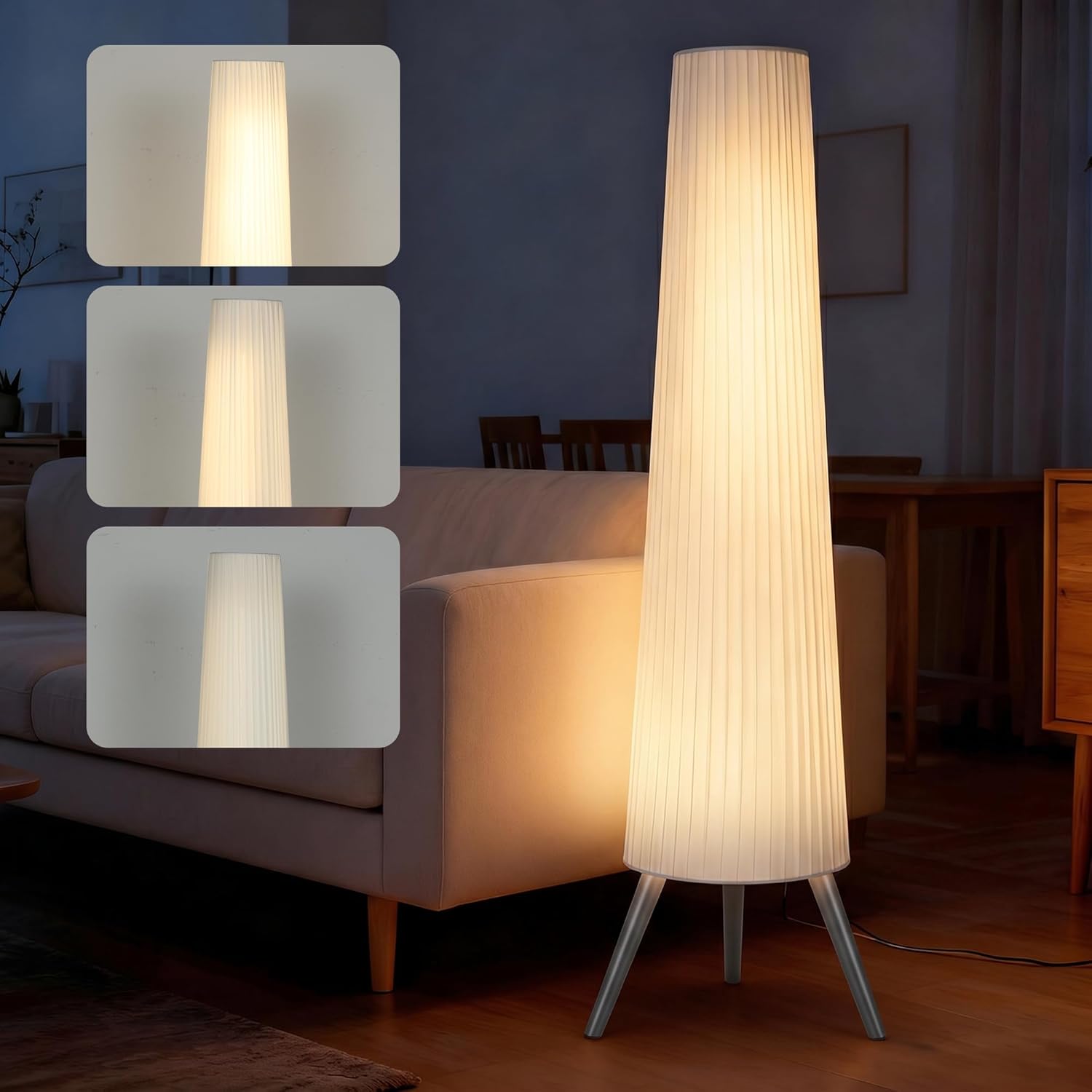 HOMCOM Dimmable Tripod Floor Lamp with Foot Switch, Nordic Standing Lamp with Fabric Shade for Living Room, Bedroom, Office, 153cm, White and Grey