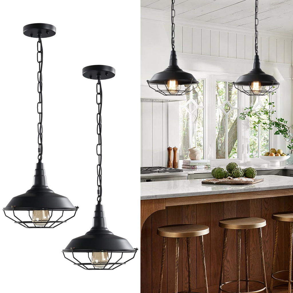 Black Farmhouse Pendant Light - 2 Pack Industrial Vintage Hanging Light Fixtures Metal Wire Cage Pendant Lighting with Adjustable Chain for Kitchen Barn Hallway Porch Dining Room