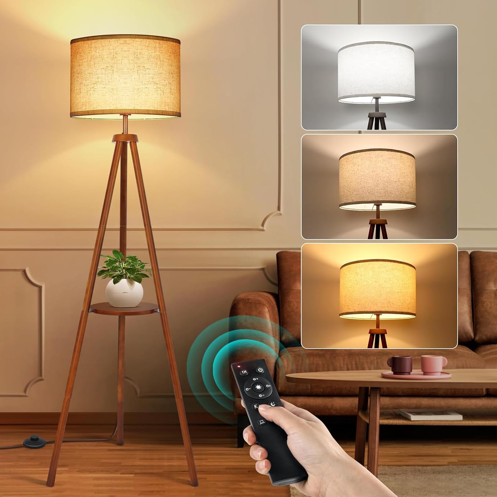OUTON Solid Wooden Tripod Floor Lamp, Touch Control, Standing Lamp with Remote Control, Dimmable & 4 Color Temperatures, 1H Timer, LED Floor Lamp with Storage Shelf Linen Shade for Living Room Bedroom