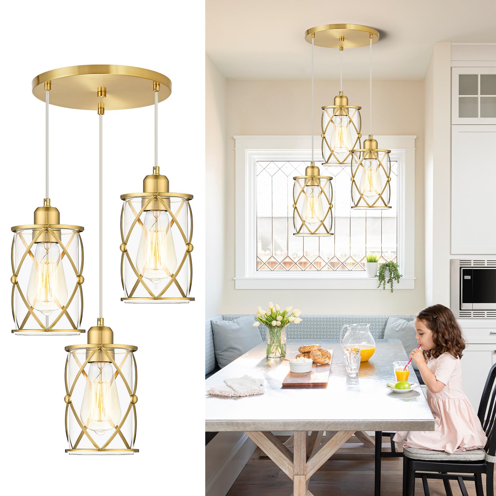 Glass Pendant Lights Kitchen Island 2 Pack, Black Mini Pendant Light with Clear Glass, Farmhouse Industrial Cage Hanging Lighting for Kitchen Sink Dining Room Bathroom, CH9176-1-2PK