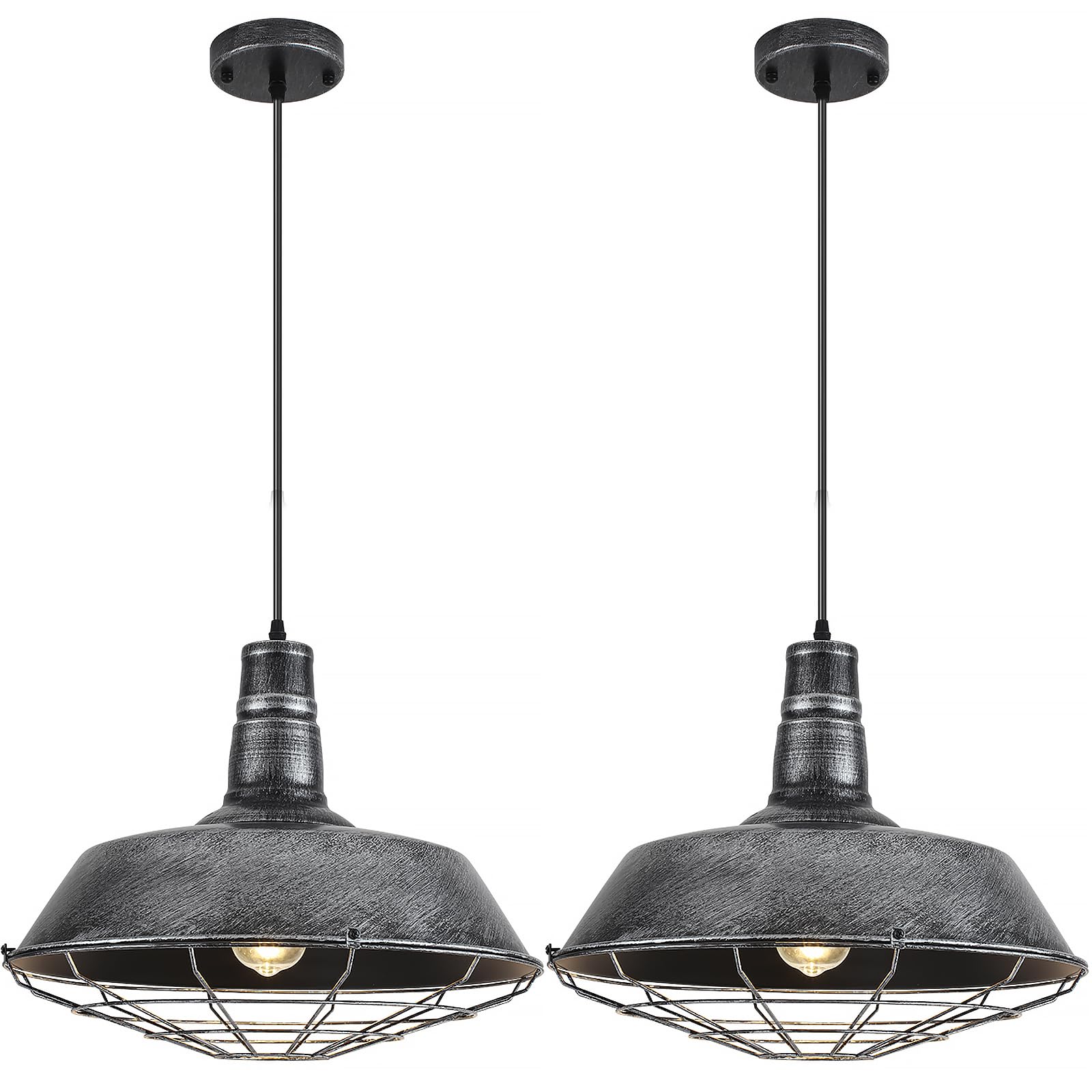 Large Pendant Lights Kitchen Island 1 Pack, 18.1 Inch Oversized Industrial Pendant Light, Black and Silver Barn Pendant Light with Wire Cage, Farmhouse Pendant Lights for Kitchen Barn