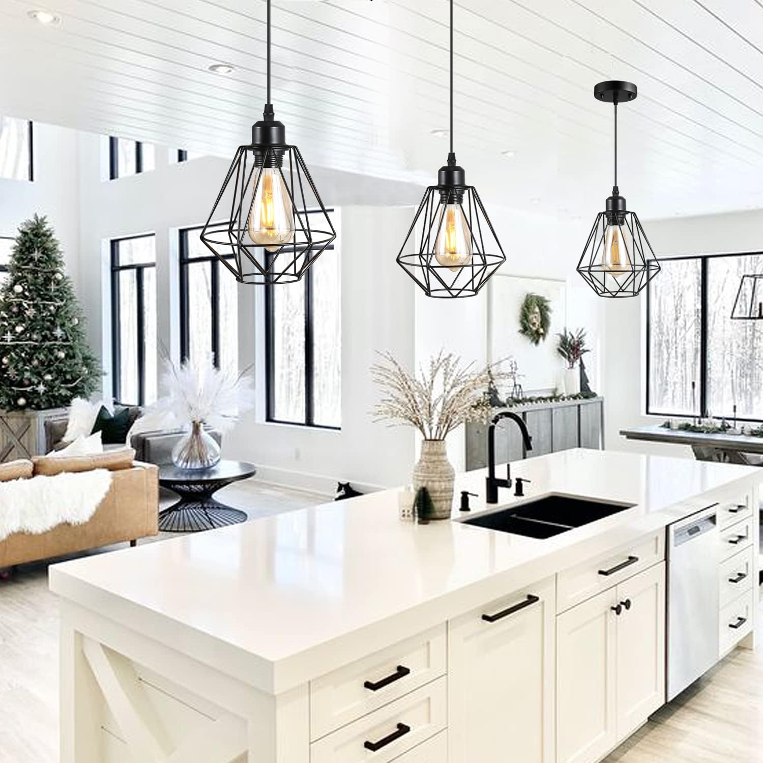 2 Pack Farmhouse Pendant Lights Modern Black Industrial Pendant Light Cage Hanging Ceiling Light,Fixture for Kitchen Island Dining Room Over Sink Hallway Bedroom Fixtures Hanging Lamp