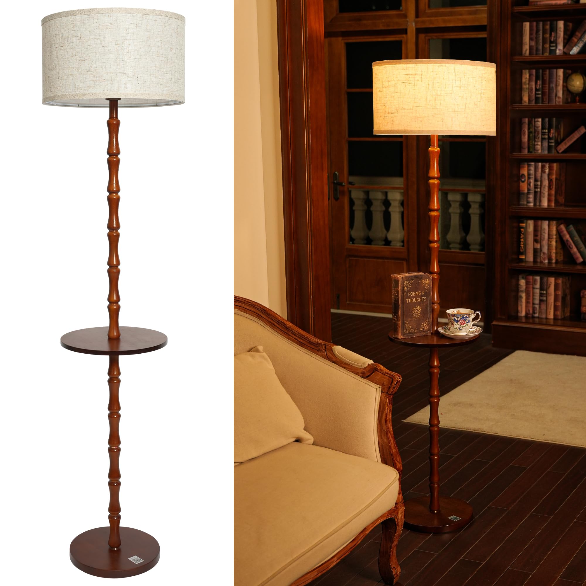 Wood Floor Lamp for Living Room, 167cm Tall Natural Oak Standing Lamp with Beige Linen Shade, E27 Socket, Vintage Boho Rustic Scandinavian, Bedroom and Lounge Corner Light WOVI FL09
