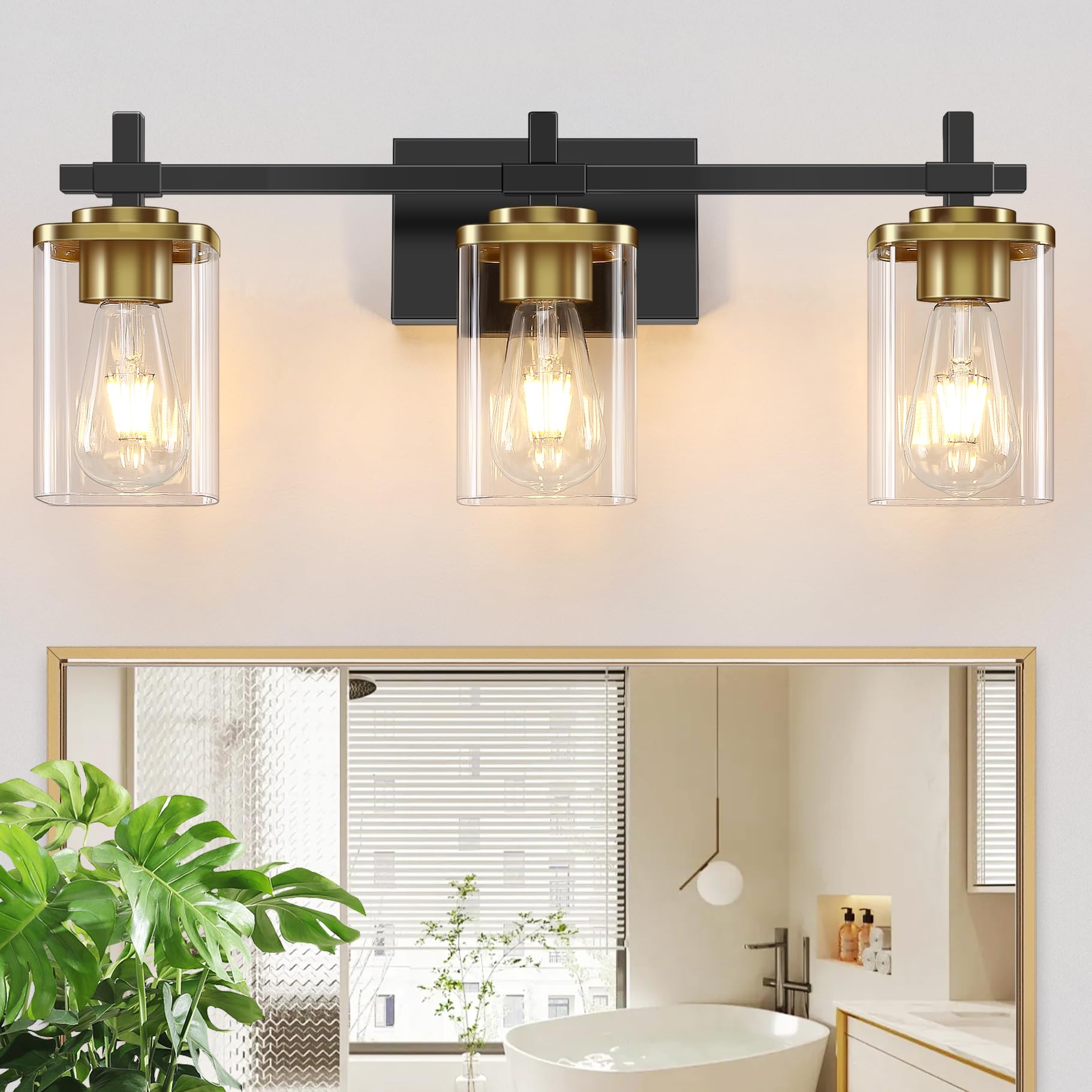 3-Lights Bathroom Vanity Light Fixtures, Modern Black Vanity Lights Over Mirror with Clear Glass Shade for Bathroom, Wall Mounted Lamp for Bedroom Hallway Living Room