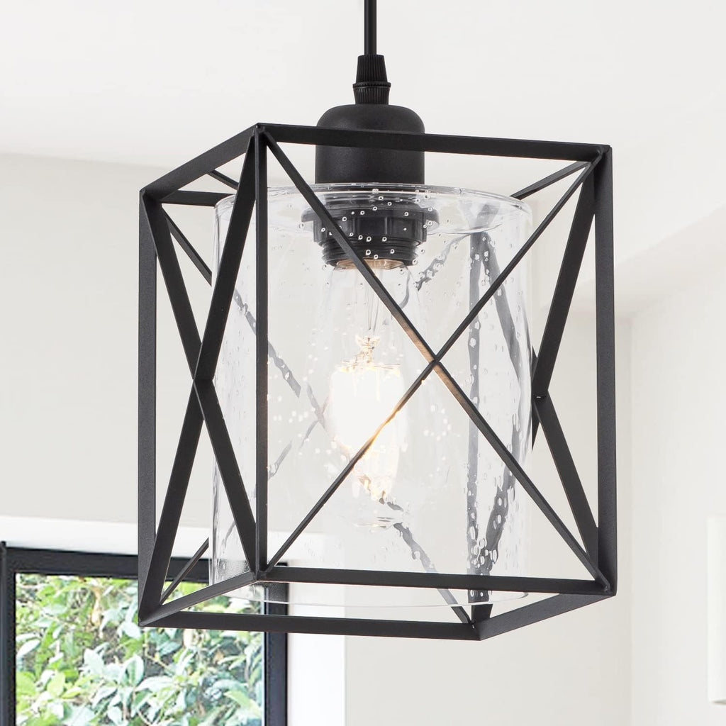 Farmhouse Black Pendant Light with Seeded Glass Industrial Cage Blown Clear Bubble Glass Hanging Lighting Adjustable Cord for Kitchen Island Over Sink Hallway