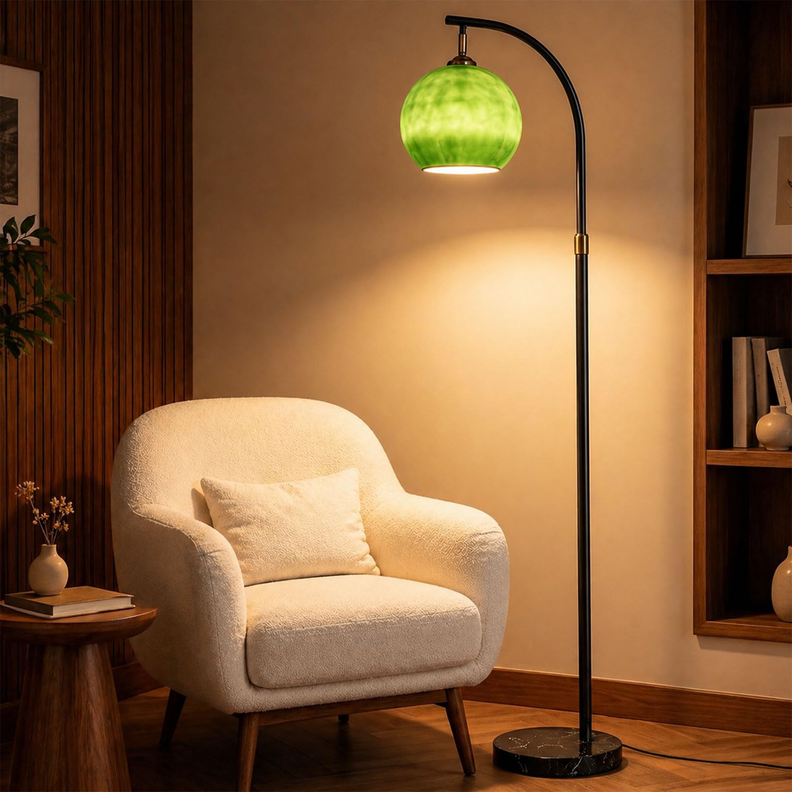 Nordic Orange Glass Floor Lamp Arc Height Adjustable Floor Light Marble Base Tall Lamp with Globe Glass E26 Dimmable Standing Fixtures for Living Room Sofa Area Study Bedroom