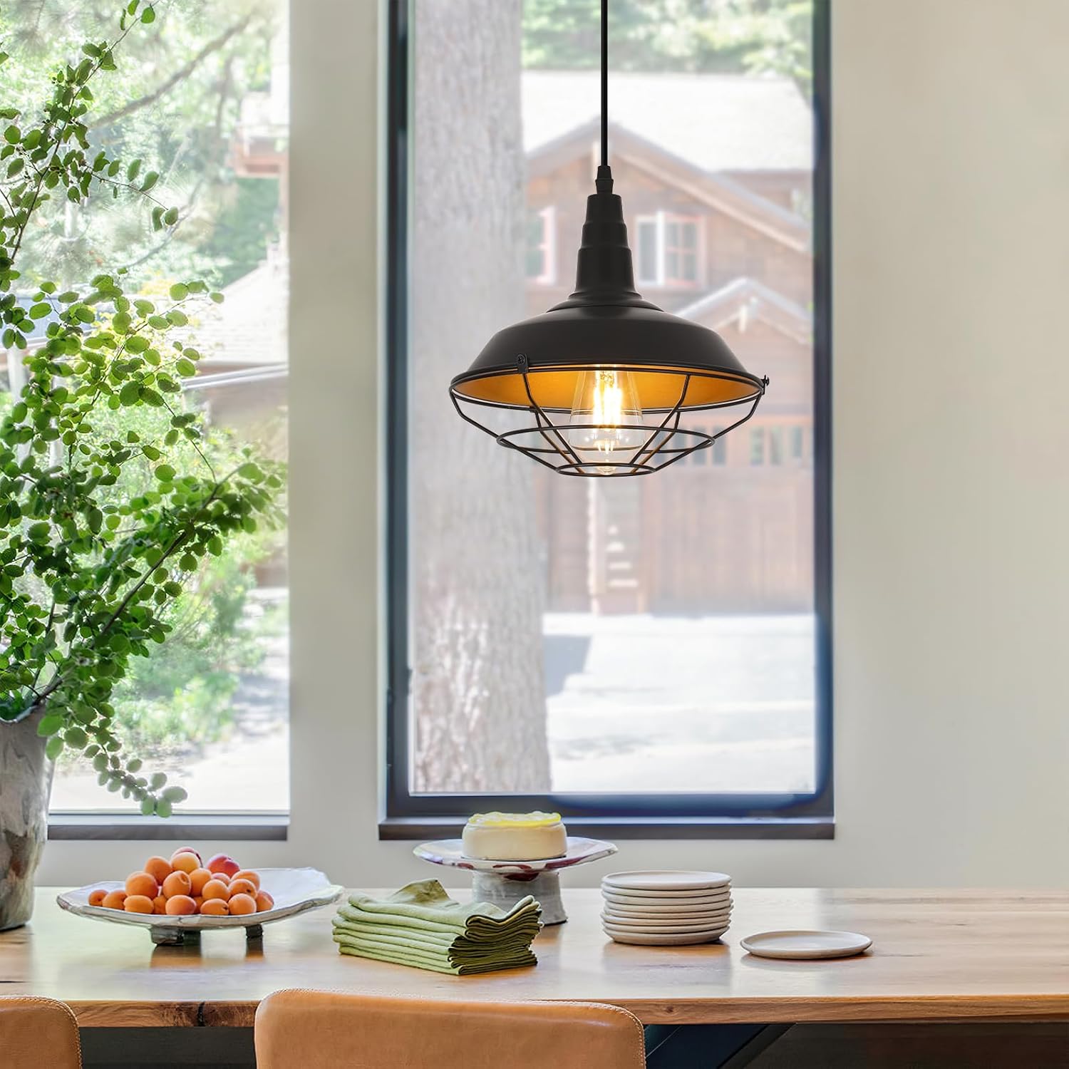 Farmhouse Pendant Light 2 Pack, 10.2" Black Pendant Lights Kitchen Island, Industrial Vintage Light Fixtures Metal Wire Cage Pendant Lighting, Island Lights for Kitchen Dining Room