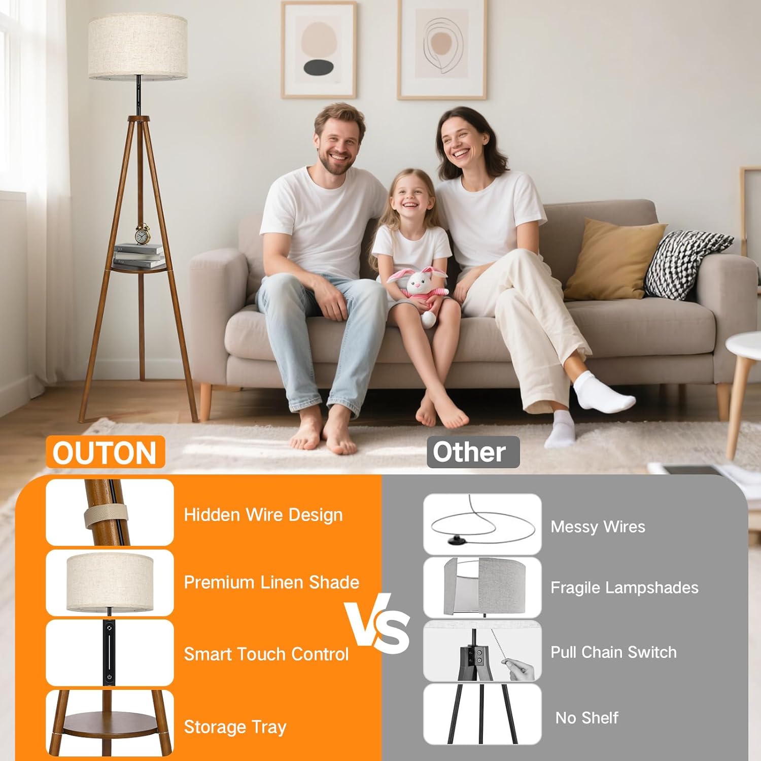 OUTON Solid Wooden Tripod Floor Lamp, Touch Control, Standing Lamp with Remote Control, Dimmable & 4 Color Temperatures, 1H Timer, LED Floor Lamp with Storage Shelf Linen Shade for Living Room Bedroom