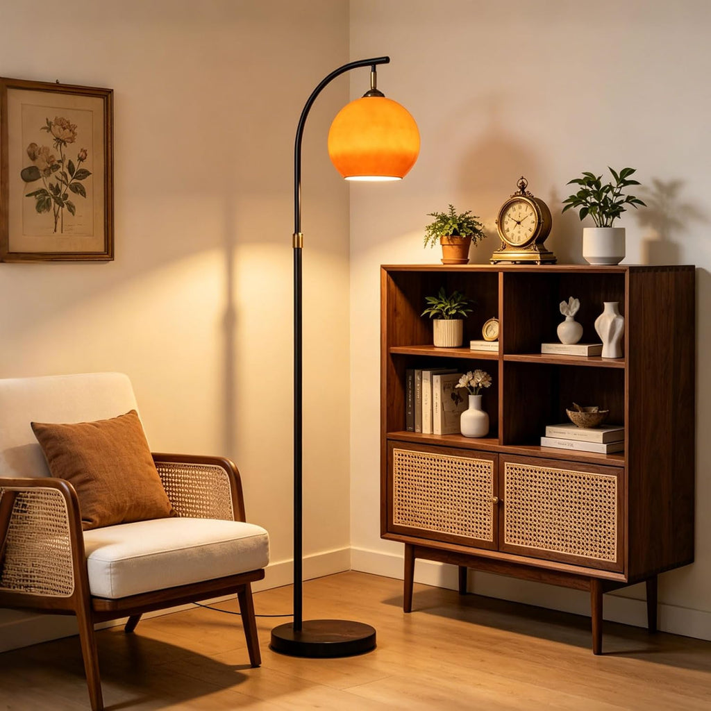 Nordic Orange Glass Floor Lamp Arc Height Adjustable Floor Light Marble Base Tall Lamp with Globe Glass E26 Dimmable Standing Fixtures for Living Room Sofa Area Study Bedroom