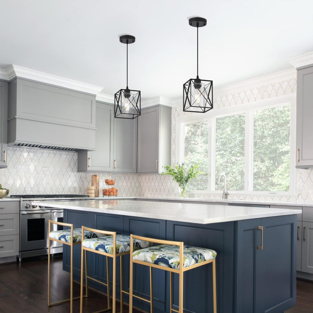 Farmhouse Black Pendant Light with Seeded Glass Industrial Cage Blown Clear Bubble Glass Hanging Lighting Adjustable Cord for Kitchen Island Over Sink Hallway