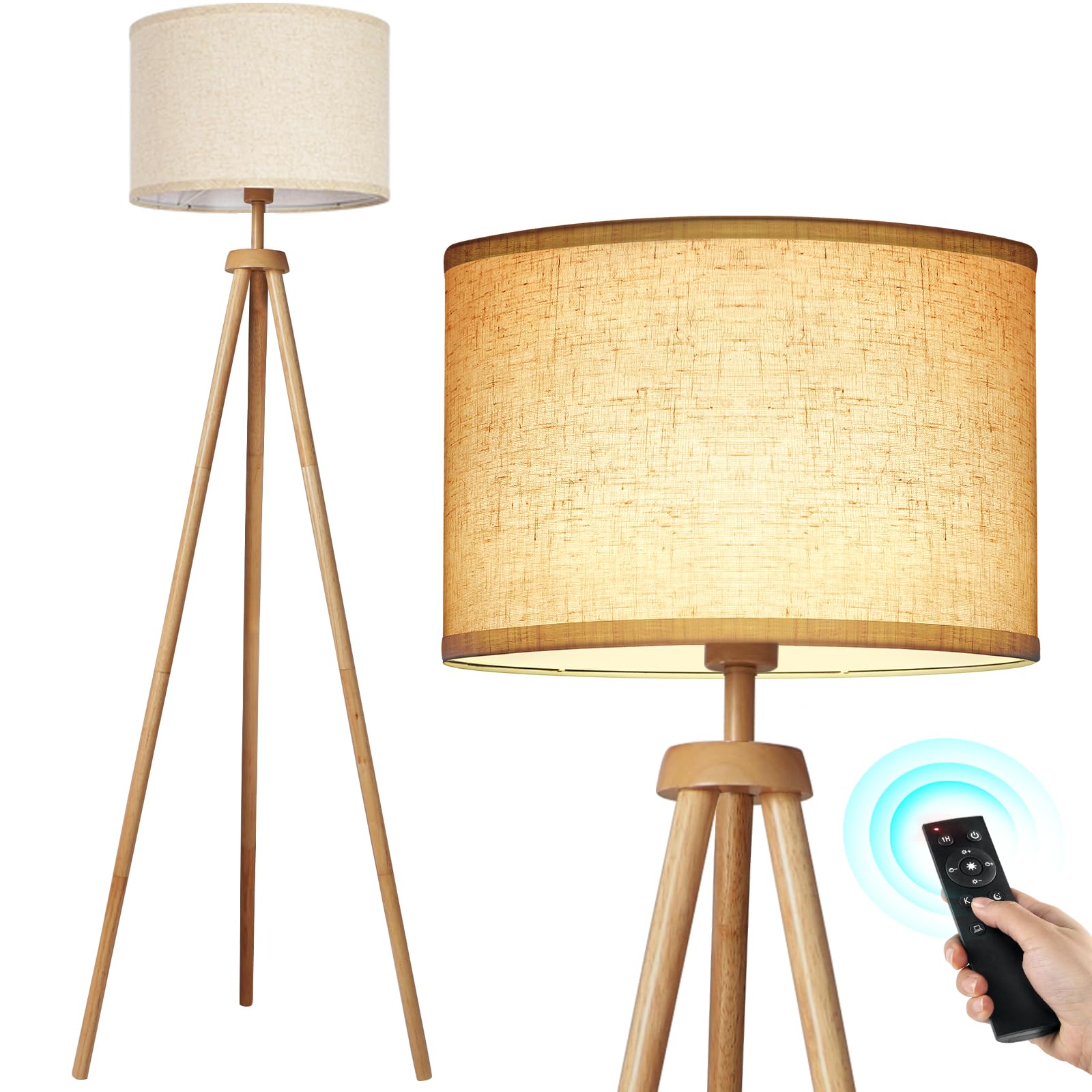 OUTON Solid Wooden Tripod Floor Lamp, Touch Control, Standing Lamp with Remote Control, Dimmable & 4 Color Temperatures, 1H Timer, LED Floor Lamp with Storage Shelf Linen Shade for Living Room Bedroom