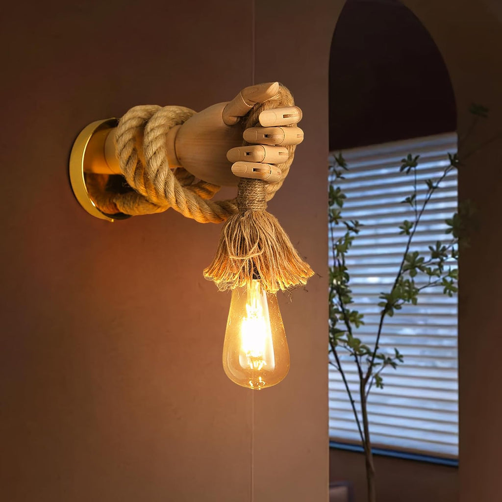 Wooden Hand Shape Wall Light, E27 Rustic Rope Lighting Fixtures, Unique Art Decor Wall Lamp for Bedroom, Restaurant, Living Room, Hallway (Left Hand)
