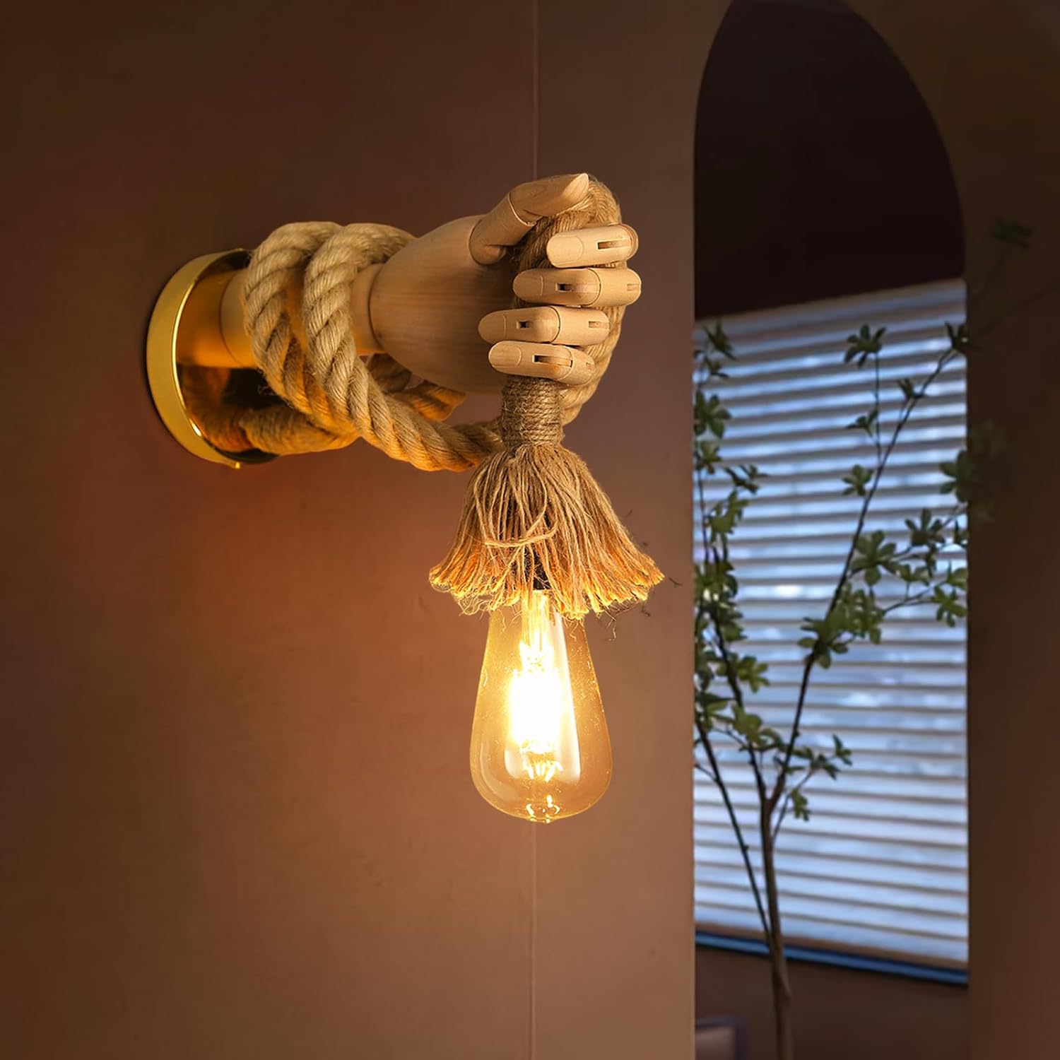 Wooden Hand Shape Wall Light, E27 Rustic Rope Lighting Fixtures, Unique Art Decor Wall Lamp for Bedroom, Restaurant, Living Room, Hallway (Left Hand)