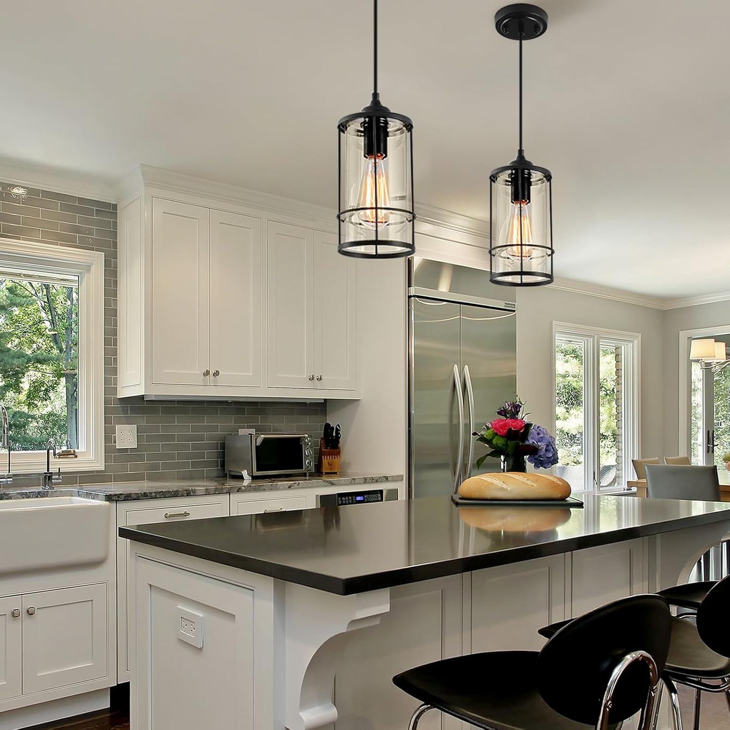 AKEZON Pendant Lights, Black Hanging Light Fixtures Kitchen Island 2 Pack with Clear Glass, Modern Industrial Cage Pendant Lighting for Kitchen Dining Room Entryway Bathroom