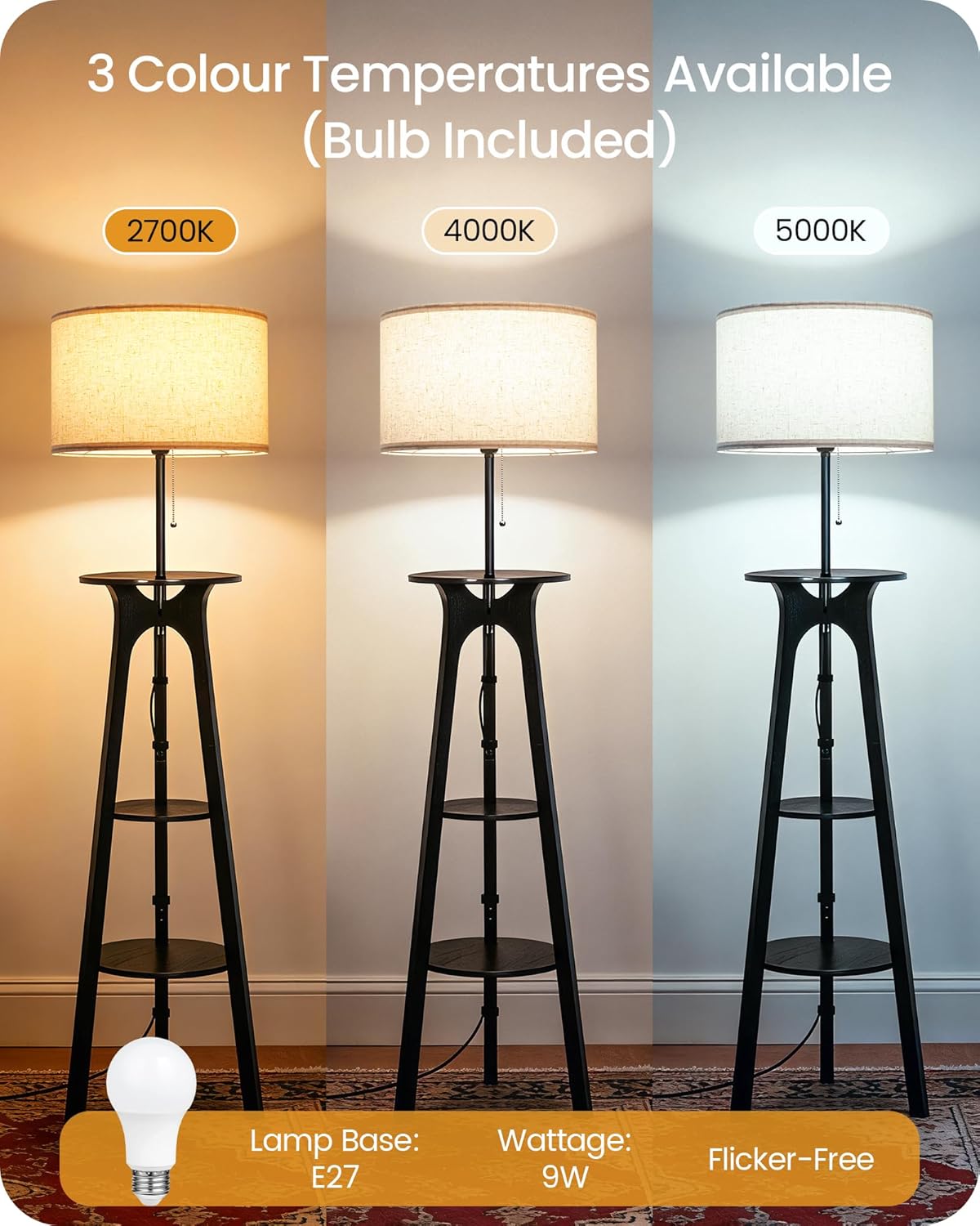 Floor Lamp, Corner Floor Lamp, Floor Lamp with 3 Shelves, Wood Tripod Floor Lamp with Linen Lampshade, for Living Room, Bedroom, Study, and Office, Beige and Black ZBE25LDK05