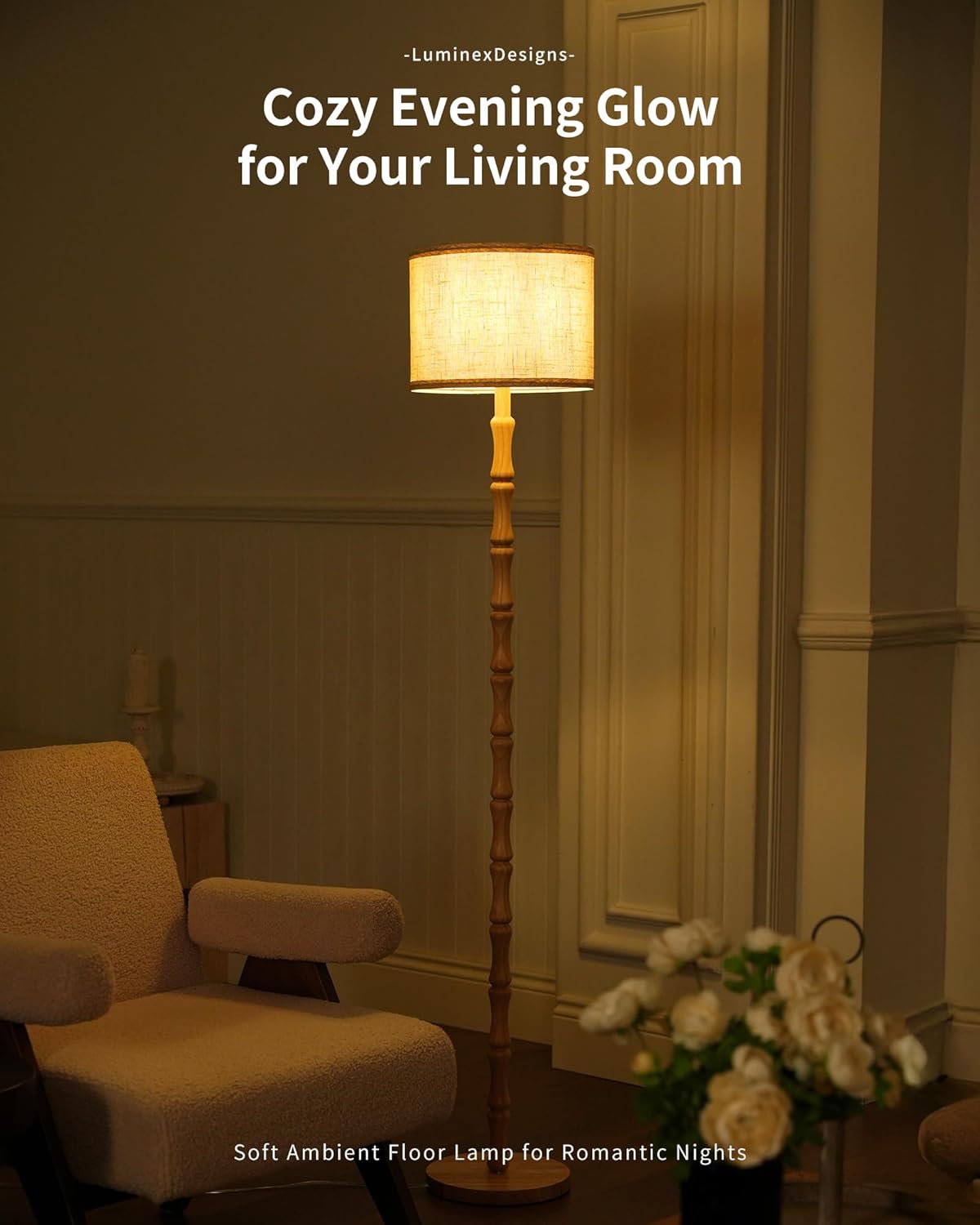 Wood Floor Lamp for Living Room, 167cm Tall Natural Oak Standing Lamp with Beige Linen Shade, E27 Socket, Vintage Boho Rustic Scandinavian, Bedroom and Lounge Corner Light WOVI FL09