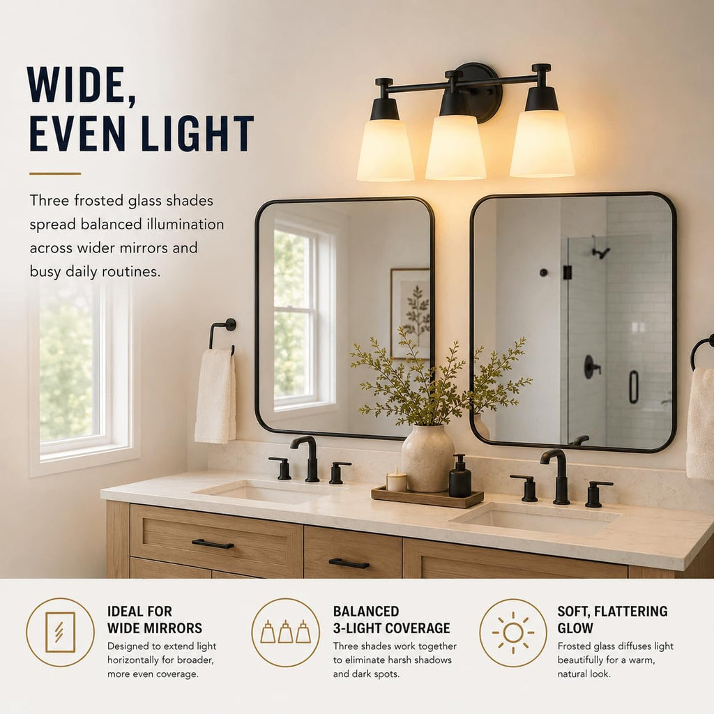 3-Light Matte Black Vanity Light, Frosted Glass Stainless Steel Wall Sconce for Bathroom Bedroom Living Room